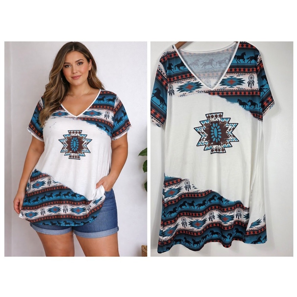 Plus Size White V-Neck Aztec Tunic with Teal and Rust Accents